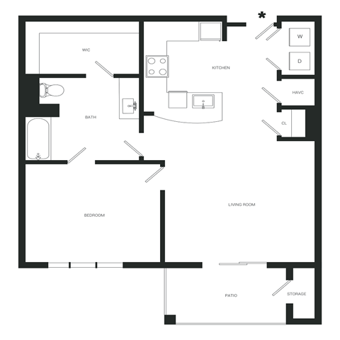 Floor plan for 1 bed, 1 bath, 834 sqft